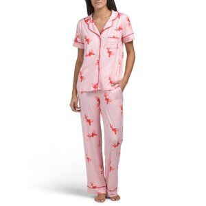 89TH & MADISON Pink 2pc Bow Print Short Sleeve Notch Pajama Set